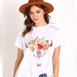 Show Me Your Mumu - Floral Skull Graphic White T-Shirt